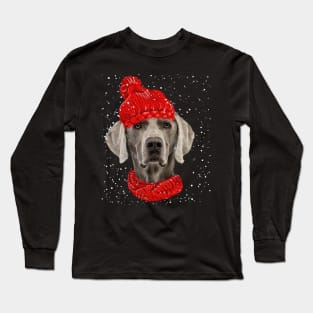 Weimaraner Wearing Red Hat And Scarf Christmas Long Sleeve T-Shirt